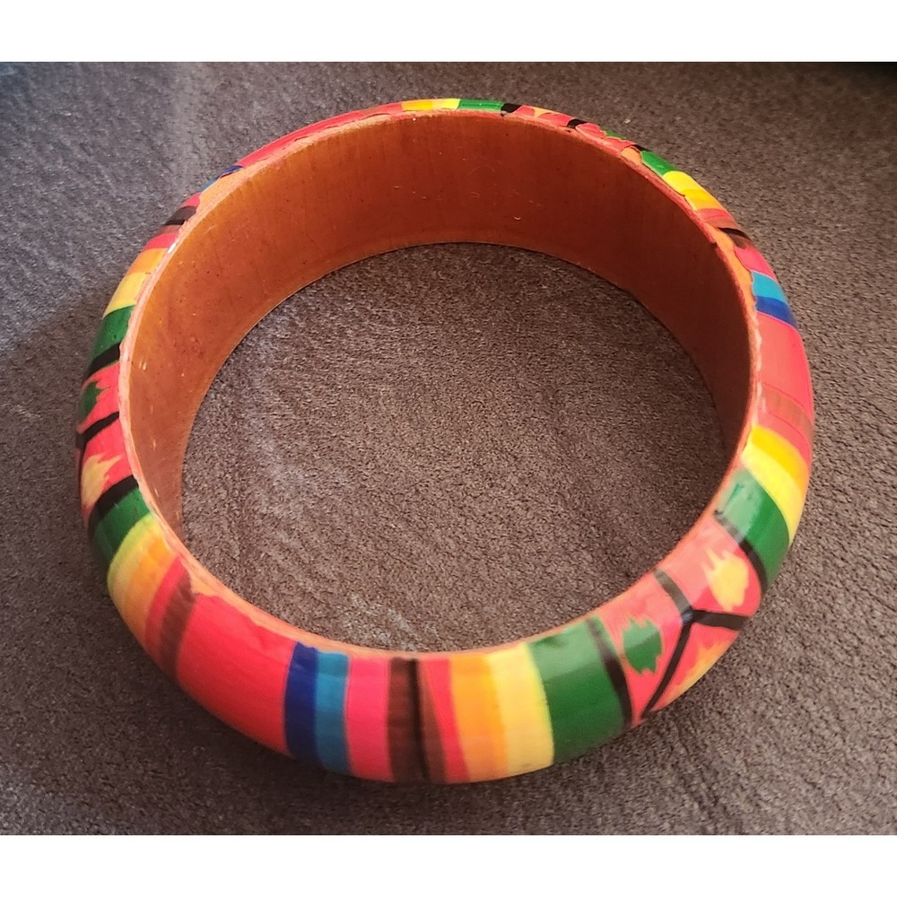 Colorful Hand Painted Wooden Statement Bangle Bracelet Multicolor Geometric